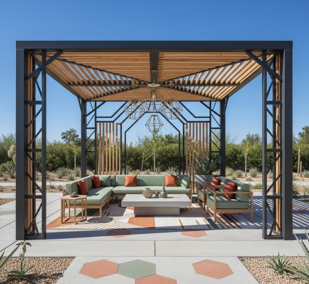 Contemporary gazebo with geometric patterns