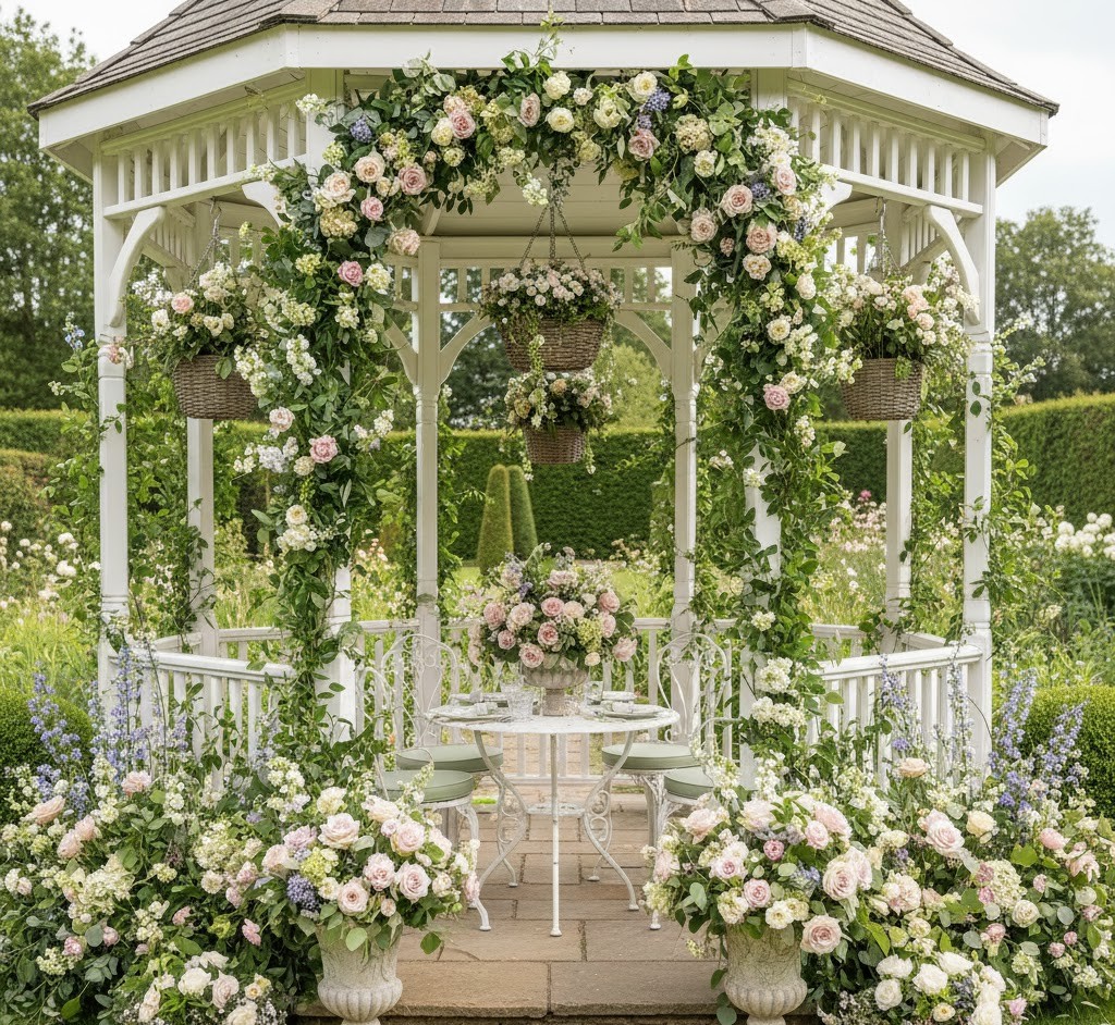 Traditional gazebo with floral arrangements