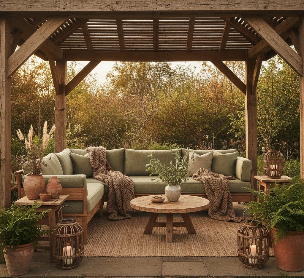 Rustic wooden gazebo with natural decor