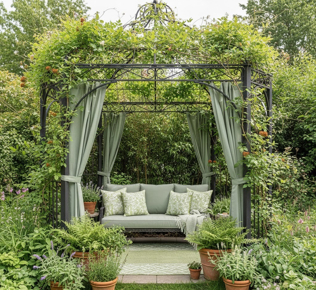 Garden gazebo with plants and greenery